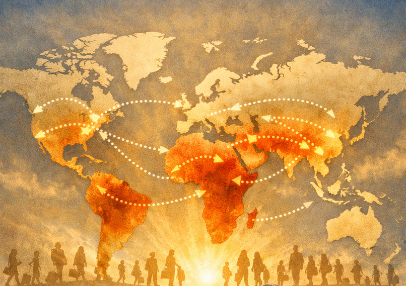 Illustrated world map showing global migration routes and people traveling across continents